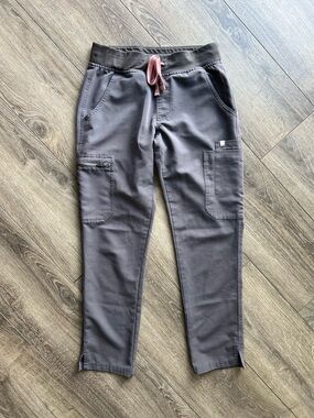 Figs Zamora Jogger Scrub Pants Charcoal Grey with Pink Drawstring Womens Size XS